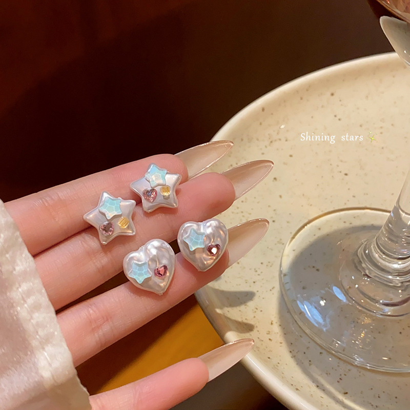 Colorful zircon heart-shaped star stud earrings for women, dopamine fresh and sweet earrings S925 silver needle earrings wholesale full figure