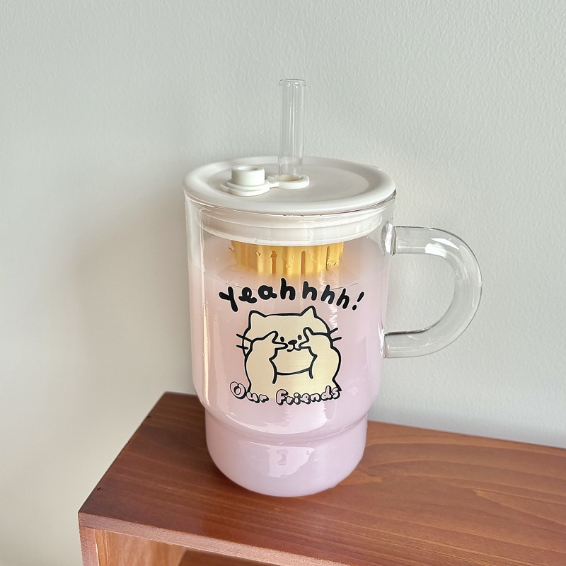 High-appearance-level, large-capacity InS-style glass straw cups with handles, student drinking cups, glass cups wholesale Specification drawing