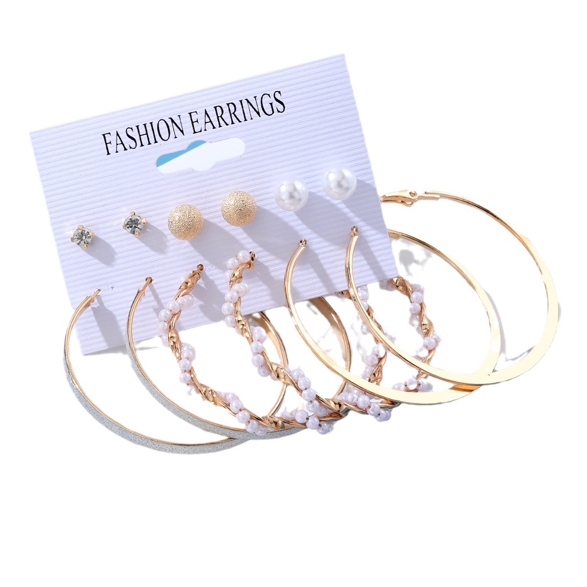 Wholesale of a set of 6 pairs of frosted diamond-encrusted pearl large ring earrings from Europe and America, which are best-selling cross-border products Item Picture