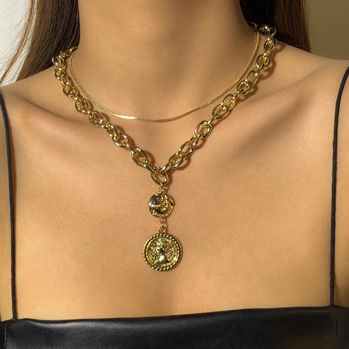 Punk hip-hop hollowed-out cross chain combination necklace, retro human figure tag, simple snake bone chain, European and American cross-border accessories details Picture