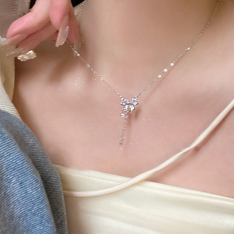 Bow zircon tassel necklace for women's summer, a light luxury and niche style accessory. 2023 new trendy collarbone chain Specification drawing