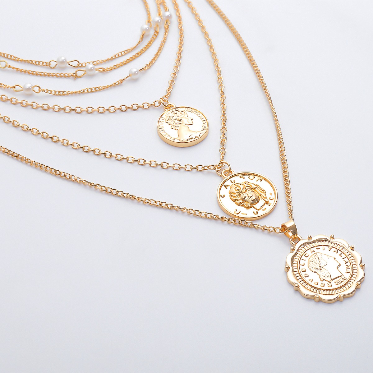 European and American cross-border jewelry, exaggerated and versatile portrait relief necklace, retro pearl imitation style tassel chain necklace Specification drawing