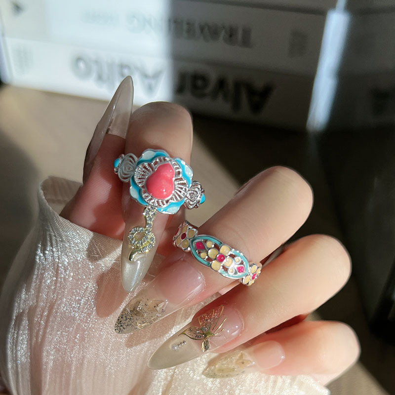 New Chinese-style Hanfu accessories: Colorful enamel gourd, personalized court-style ring, women's unique and niche design ring full figure