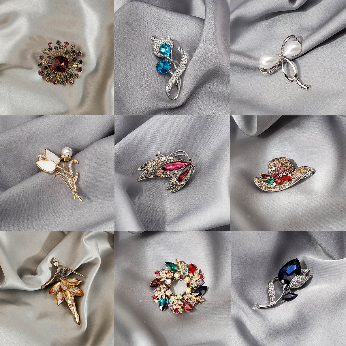 A collection of European and American personalized diamond-encrusted metal brooches and collar pins, featuring a high-end, anti-glare flower, butterfly and crown brooches details Picture