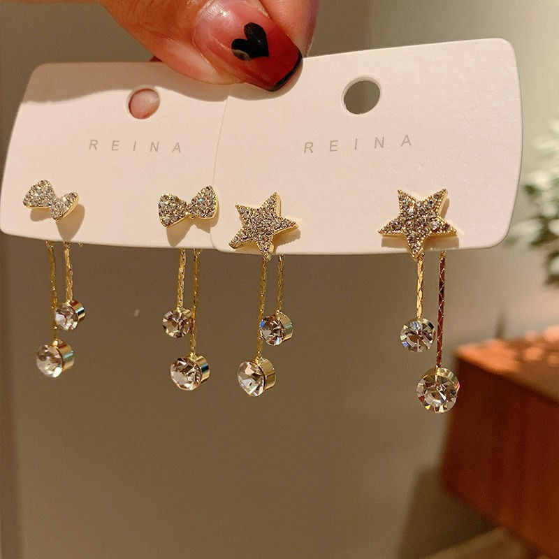 The new 925 silver needle bow star tassel stud earrings from Dongdaemun, South Korea, are fashionable, light luxury and versatile earrings for women details Picture