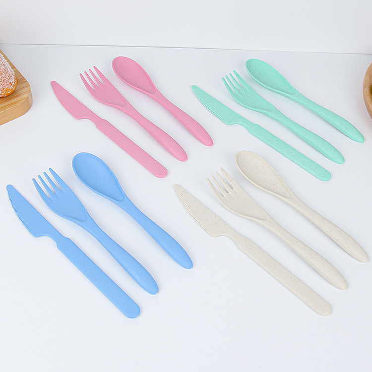 Wheat straw portable tableware, knife, spoon and fork set, outdoor plastic office tableware three-piece set, factory batch details Picture