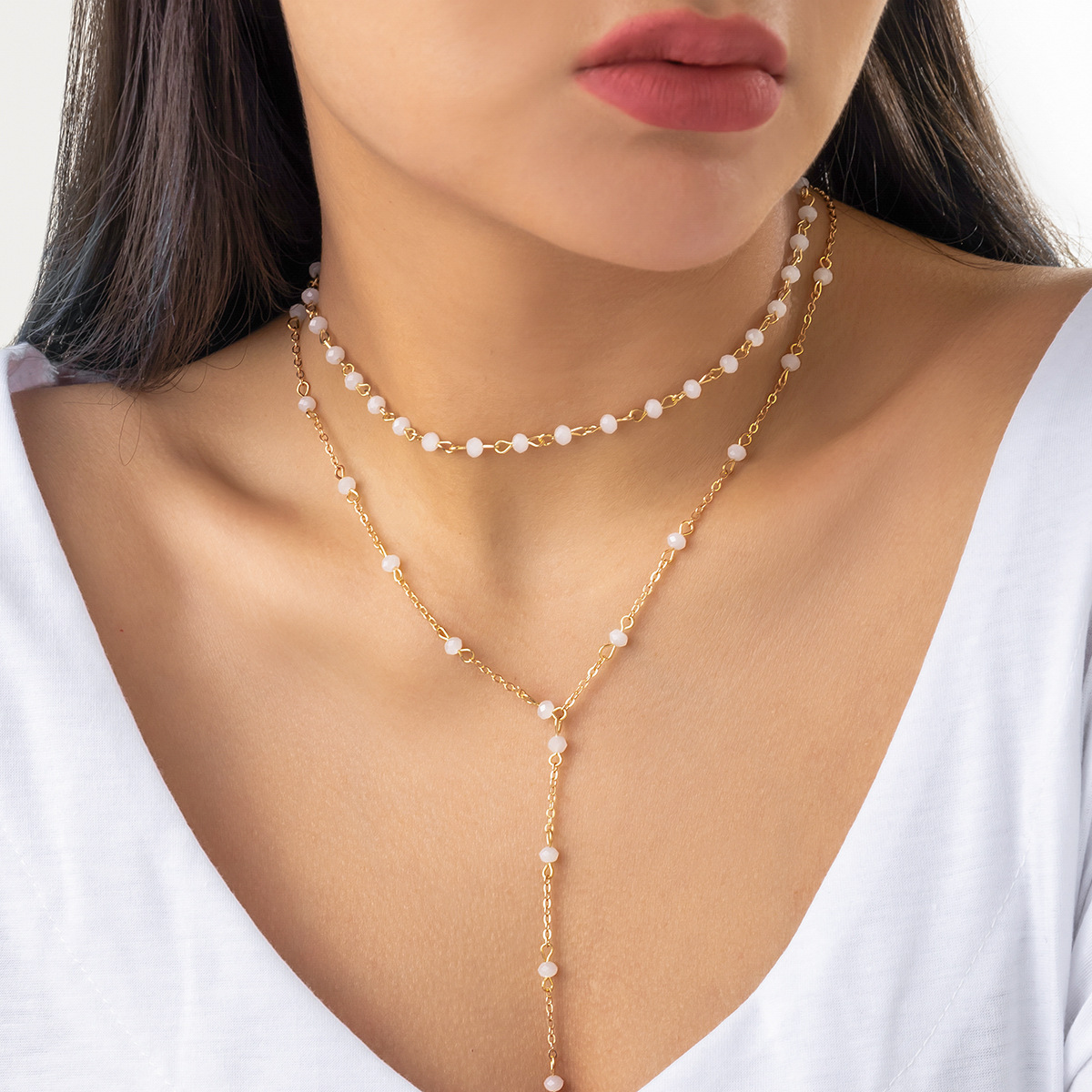 European and American cross-border jewelry, multi-layer stacked retro crystal long sweater chain, personalized beaded trendy necklace for women details Picture
