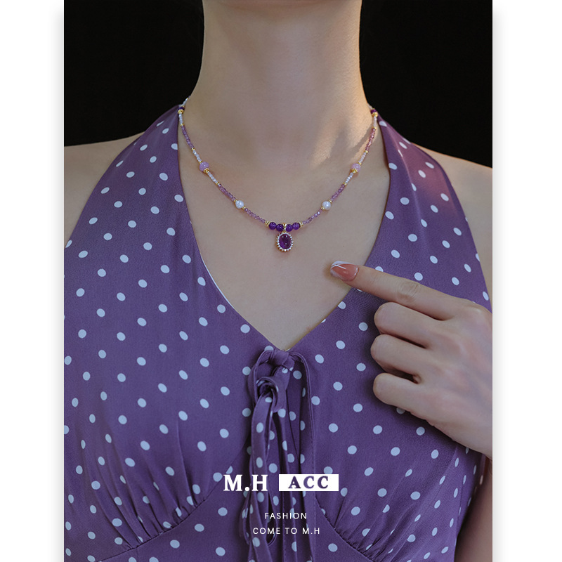 Carefully selected new Chinese-style, fashionable, retro and exquisite amethyst zircon necklace, light luxury, niche fashion and high-end collarbone chain Specification drawing