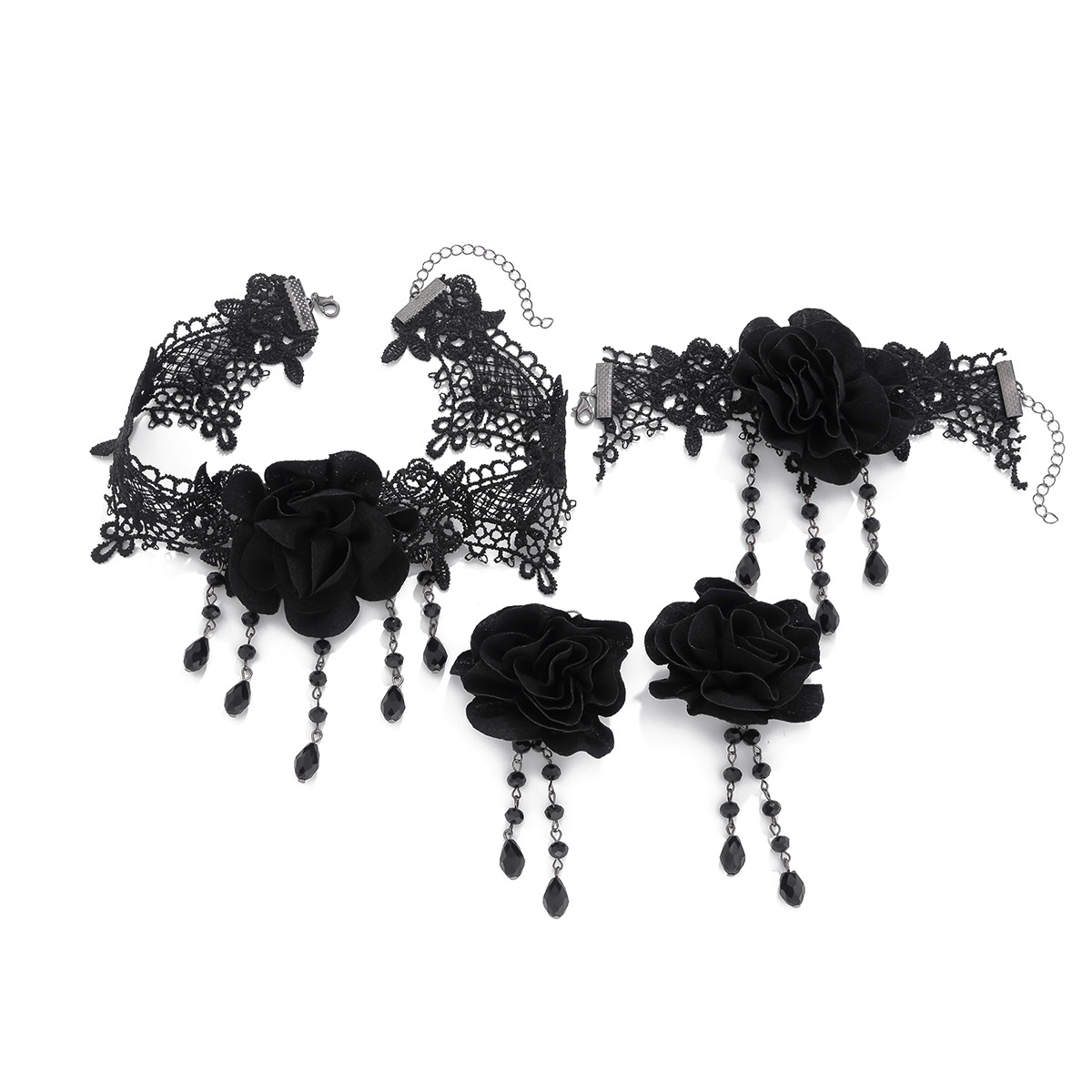 European and American cross-border jewelry, personalized black lace tassel pendant necklace, Gothic choker crystal collarbone chain Item Picture