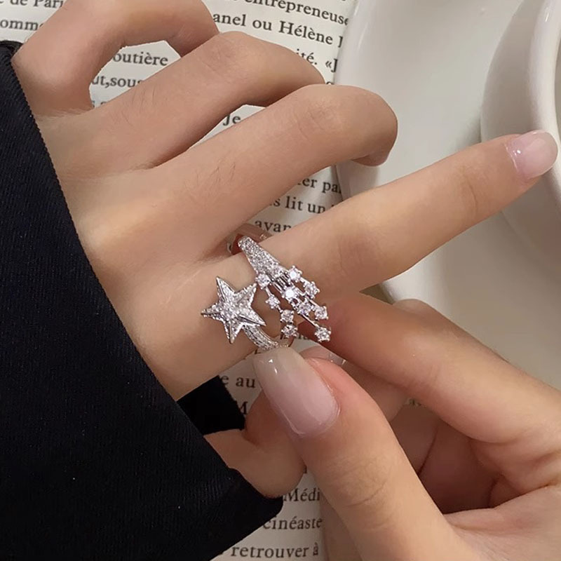 Cold style star meteor full diamond zircon open ring for women, fashionable, individual, high-end, light luxury, ins niche ring full figure