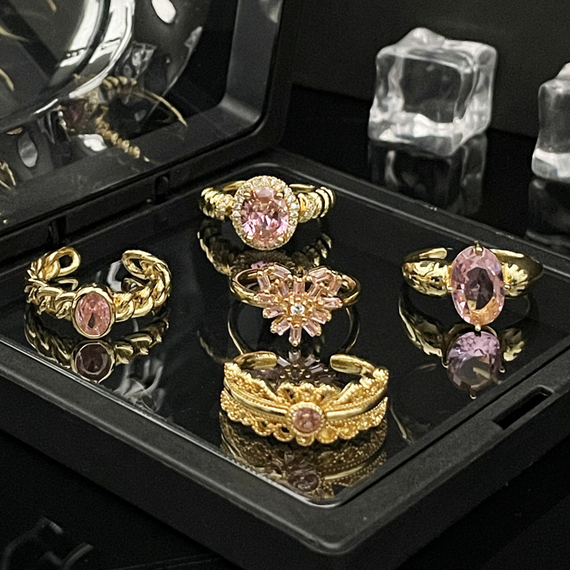 French retro style, pink diamond, Hong Kong-style, niche open ring, women's Instagram, cold style, high-end sense, layered food ring Specification drawing