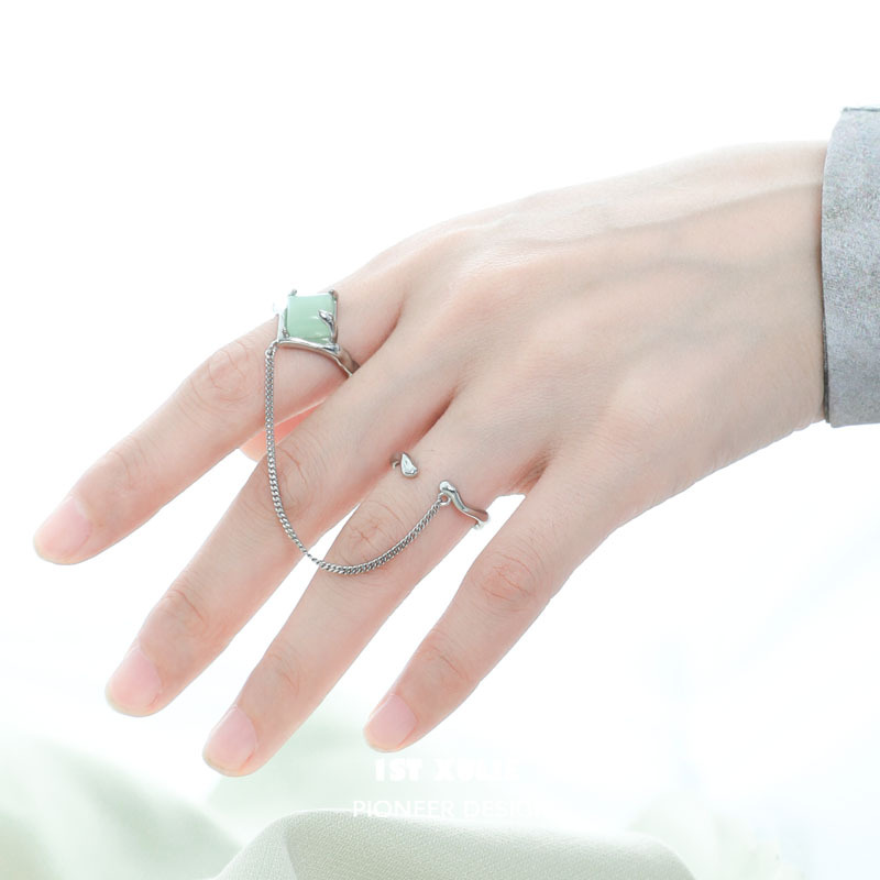 New Chinese-style, national trend, unique jade-inlaid open ring, a niche design for women, an Instagram cold style chain food ring details Picture