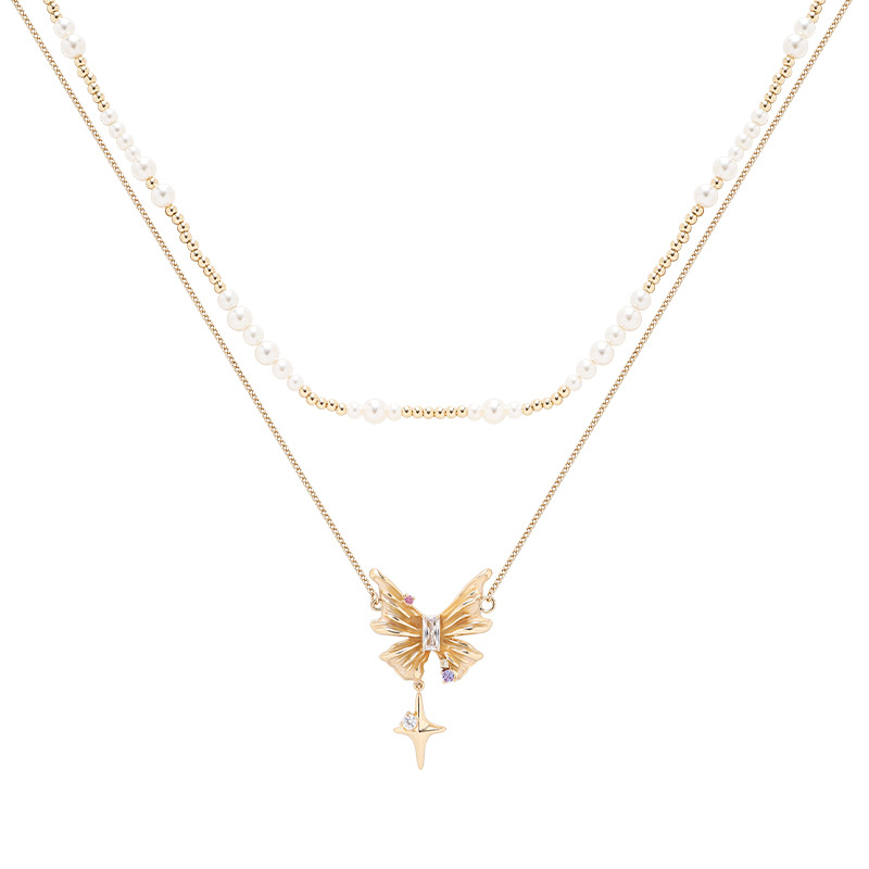 High-end golden butterfly necklace for women, ins double-layer pearl collarbone chain, original and elegant lady pendant wholesale Item Picture