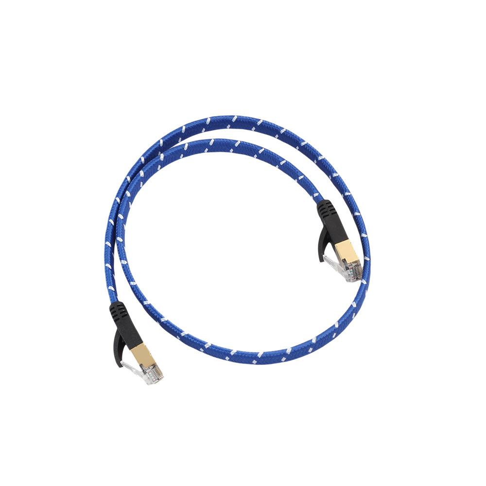 Cross-border supply of gold-plated head double-shielded braided net blue CAT7 10G Category 7 flat computer router network cable Specification drawing