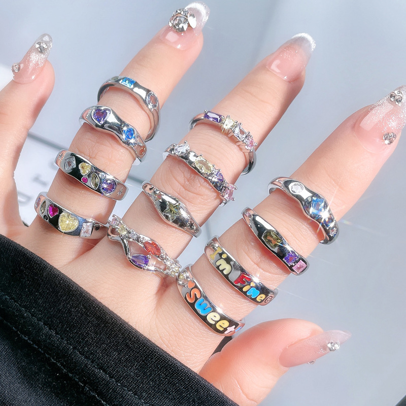 Sweet and cool, light luxury, high-end color diamond open ring for women on Instagram, cold style, hot girl, fashionable and versatile, elegant index finger ring Specification drawing