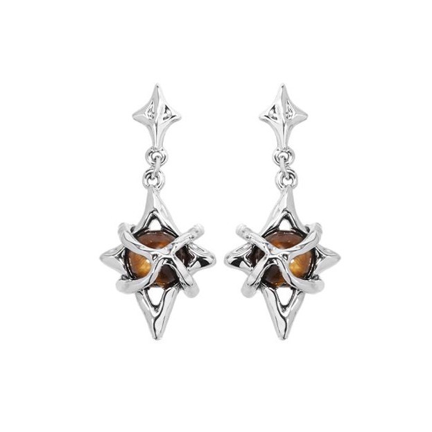 High-end amber stone four-pointed star earrings, stylish and fashionable new trend earrings, original silver star earrings Item Picture