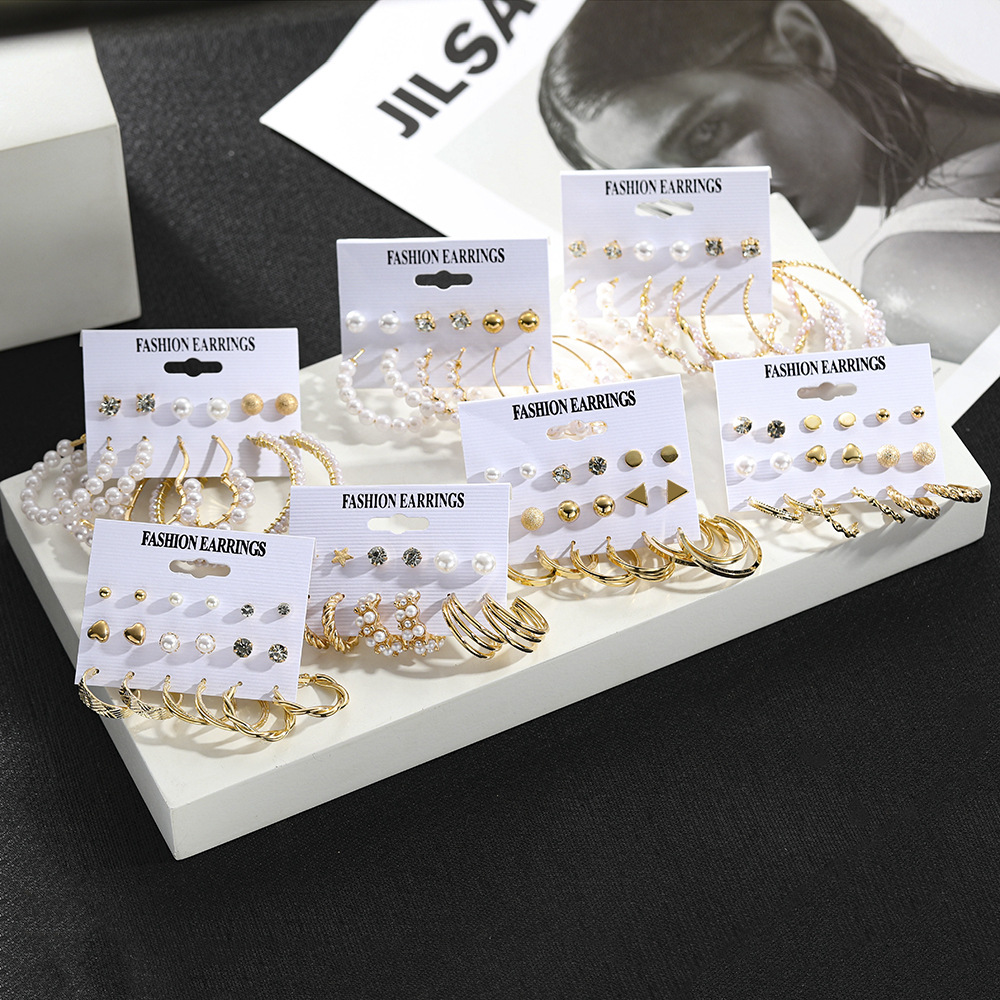 Korean jewelry world Cross-border large ear ring white pearl earring set 6-piece geometric star water diamond metal earrings details Picture