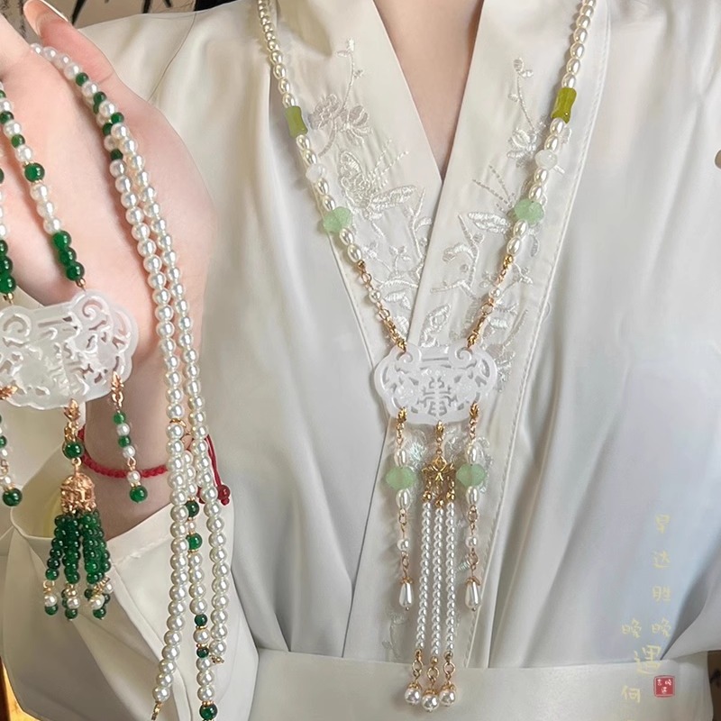 "Xiangyun" New Chinese-style white chalcedony pearl necklace, women's ancient-style necklace, cloud-backed tassel beaded dress accessory Specification drawing