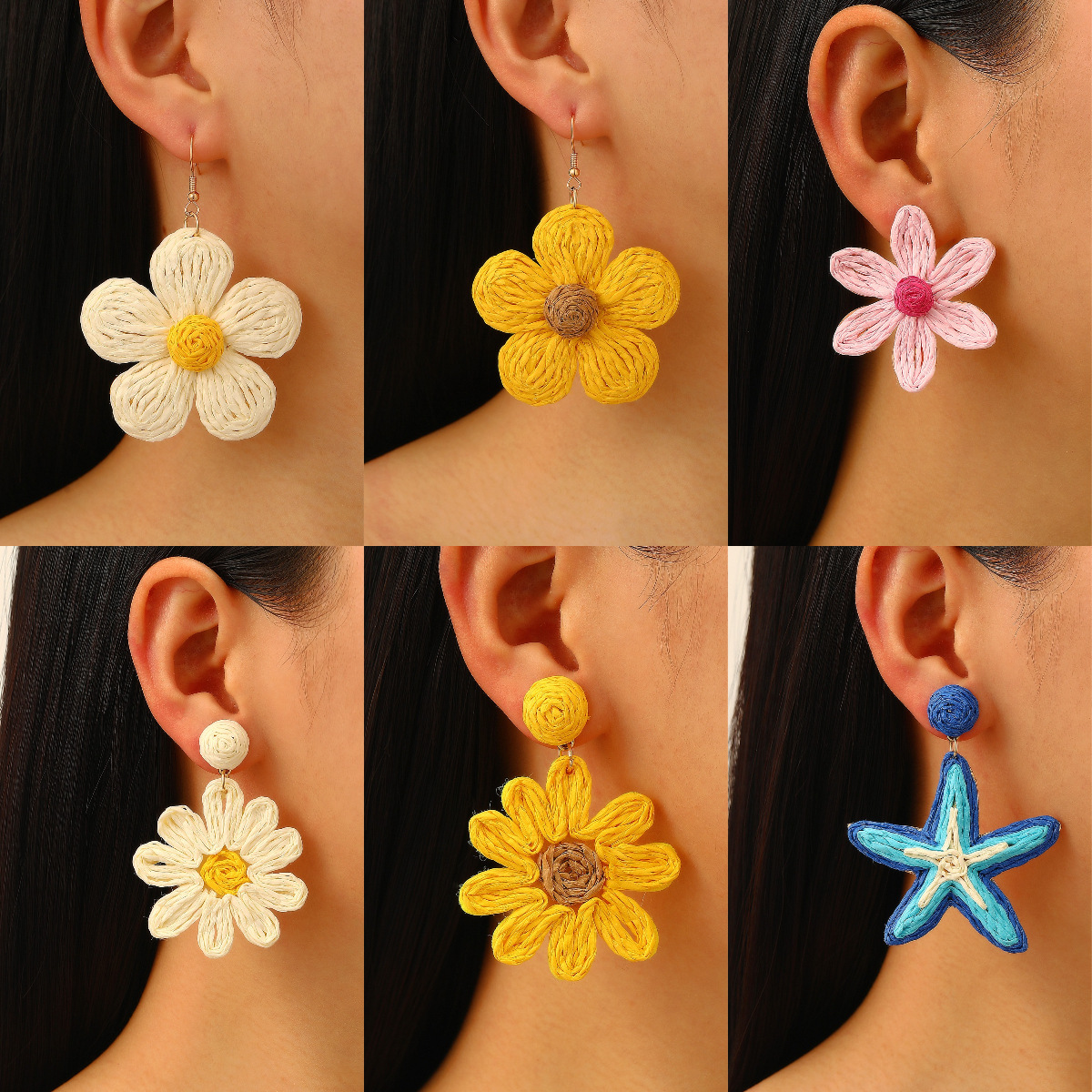 Summer flower earrings for women, dopamine vacation style, exaggerated starfish stud earrings, hand-woven raffia grass earrings for women full figure