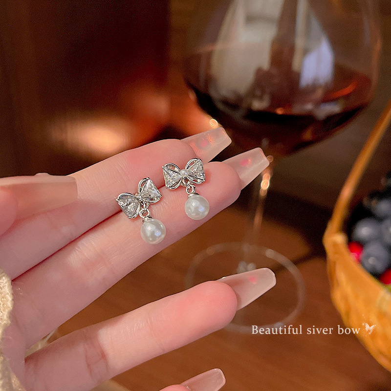 S925 Silver Needle Bow Pearl Earrings, a versatile and high-end summer trendy and popular ear accessory wholesale Specification drawing