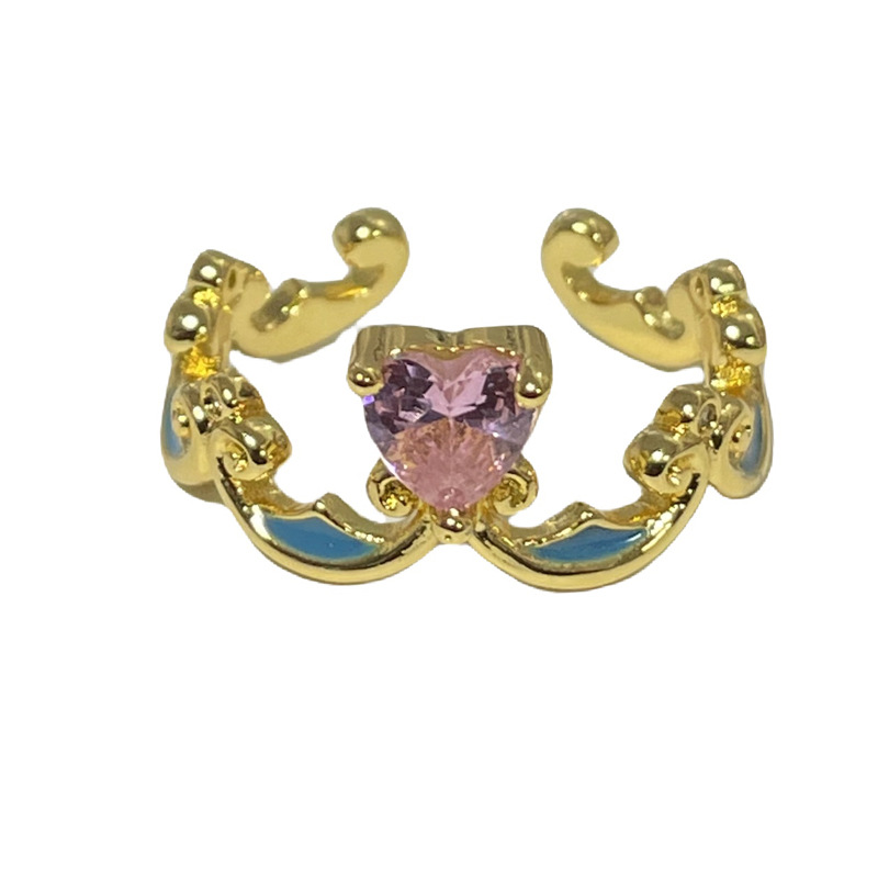 French sweet and cool pink diamond heart-shaped fashionable open ring, women's Instagram cold style crown, simple and individual, versatile ring Item Picture