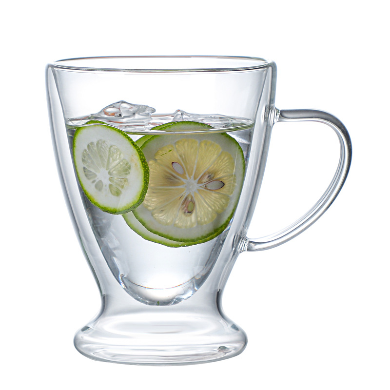 Customized double-layer glass cups, heat-insulating transparent tea cups, creative water cups, coffee cups, beverage cups, double-layer water cups with handles Item Picture