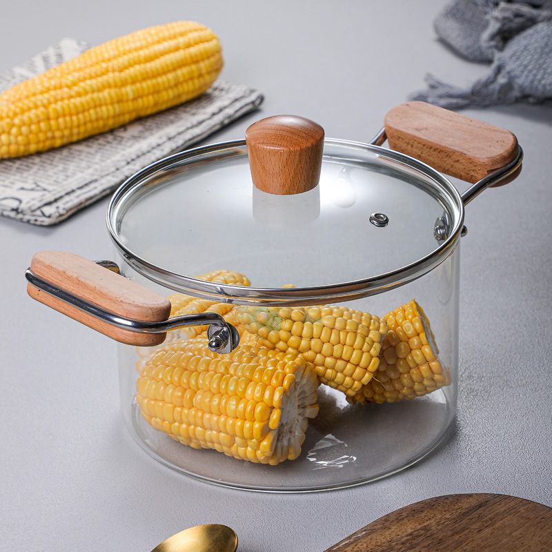 High borosilicate anti-scald and heat-insulating soup pot, wooden bead glass cover, glass steamer, open flame heating, double-ear wooden handle stew pot full figure