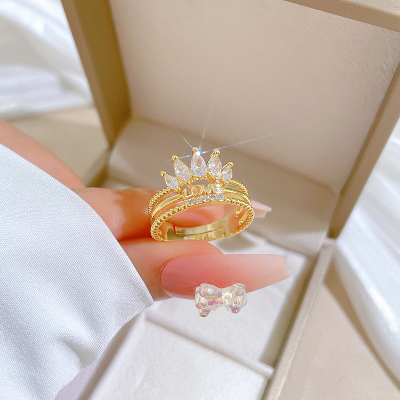 【 True Gold 】love Crown Full Diamond Ring Adjustable Opening Simple Jewelry Japanese-style ring couple rings details Picture
