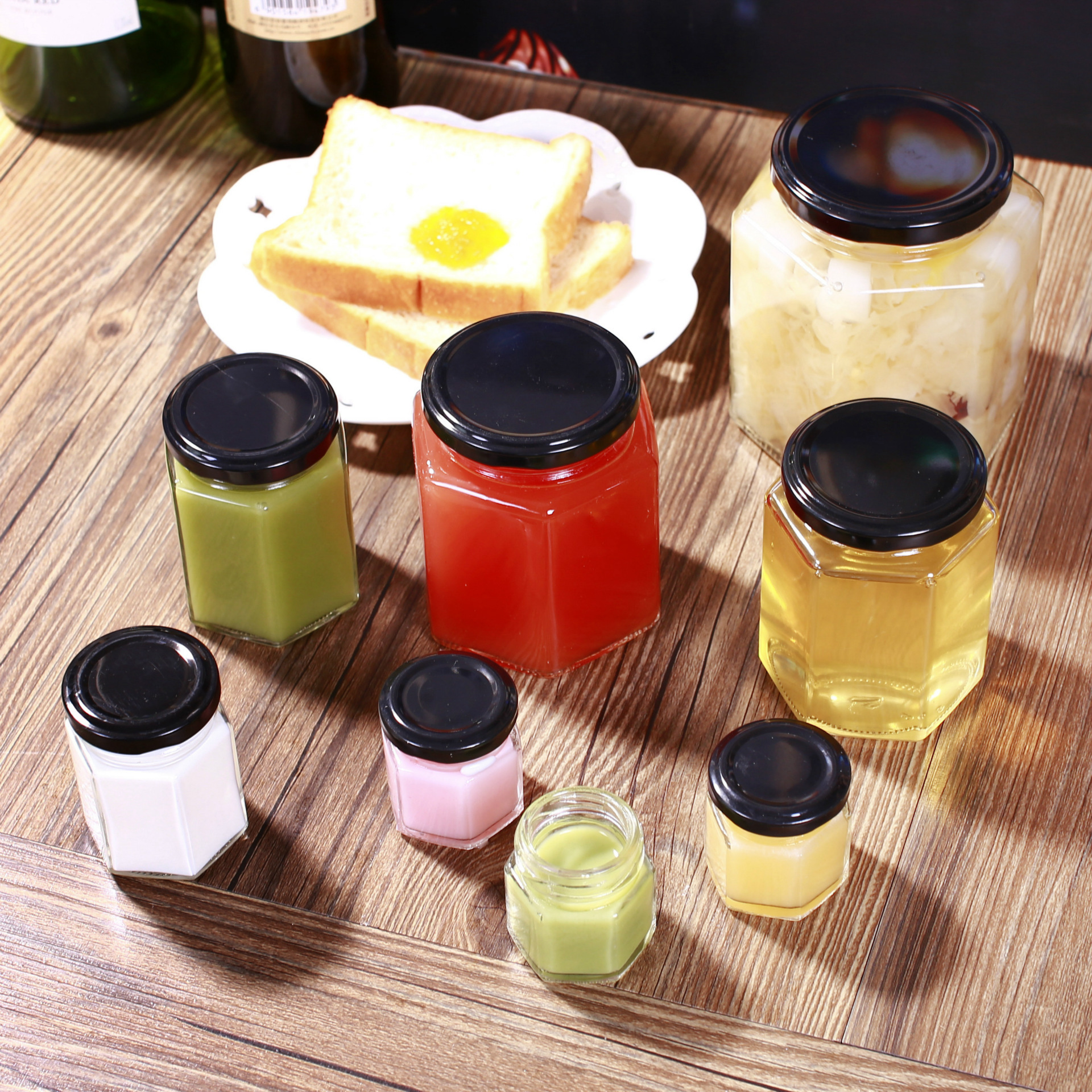 Glass bottle for pickles, hexagonal glass bottle for jam, fermented bean curd, chili sauce, honey, hexagonal bottle details Picture