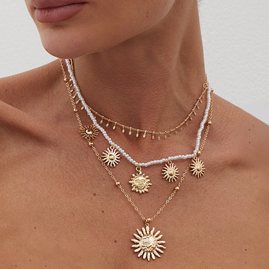 European and American cross-border jewelry, vacation beach, sunflower pendant, collarbone chain, pearl string, multi-layer copper bead chain necklace full figure
