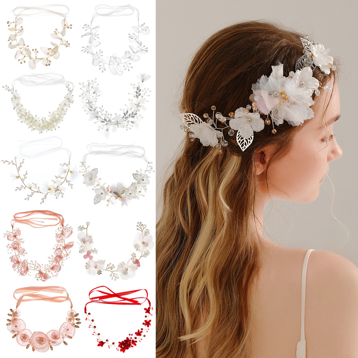 New Korean bride headband, a retro forest-themed wedding accessory, handcrafted fabric floral headwear, and a sweet updo headband full figure