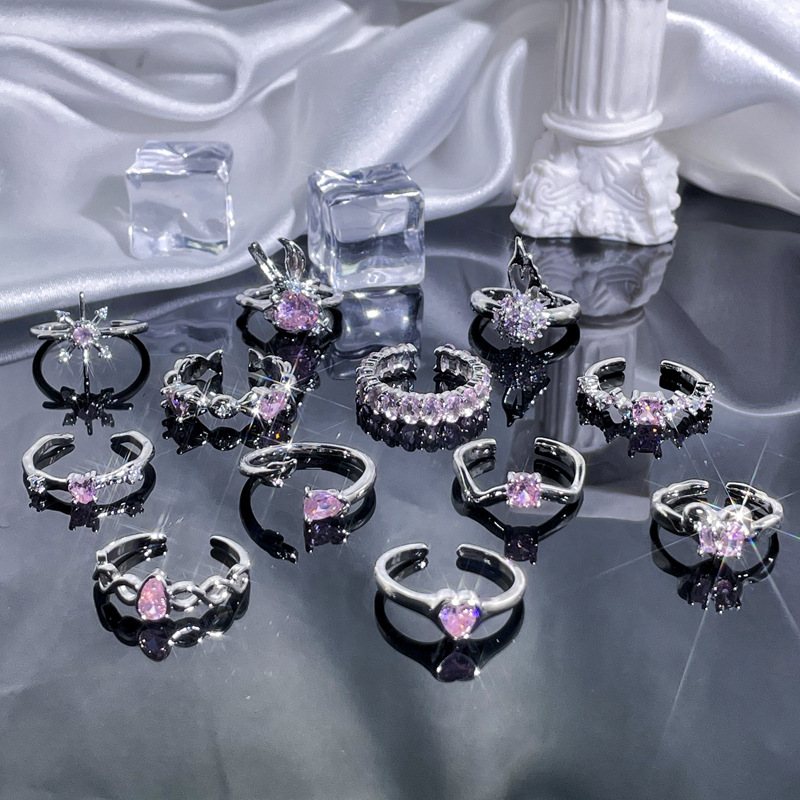 French light luxury sweet and cool pink diamond zircon ring, elegant and delicate layering, girlish personality open ring, autumn and winter accessory full figure