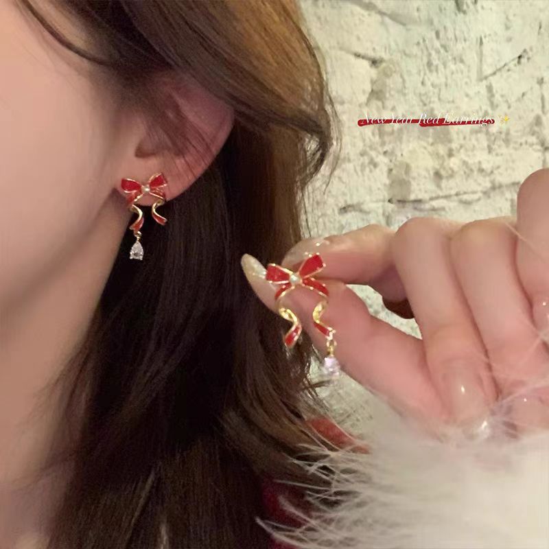 Autumn and winter New Year red bow ribbon earrings, zircon stud earrings for women, light luxury and high-end earrings wholesale full figure