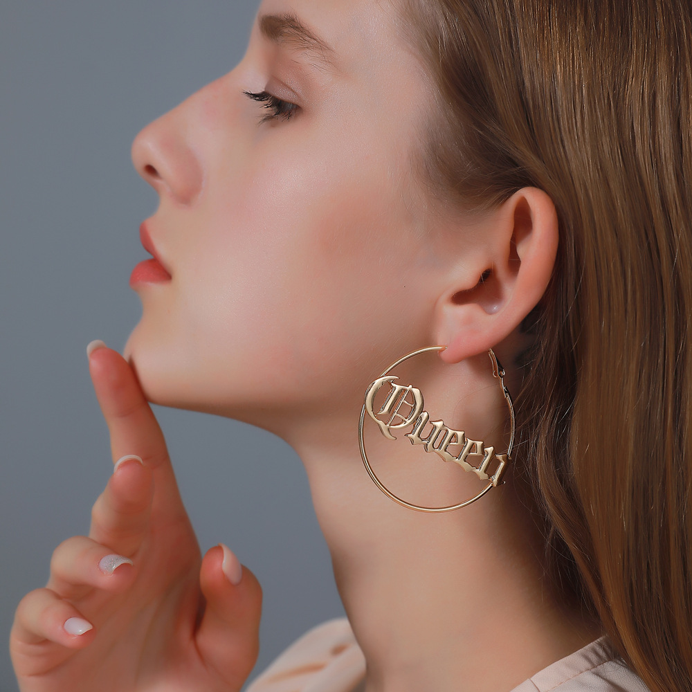 European and American style exaggerated round letter earrings, cold style and grand queen earrings cross-border accessory wholesale full figure