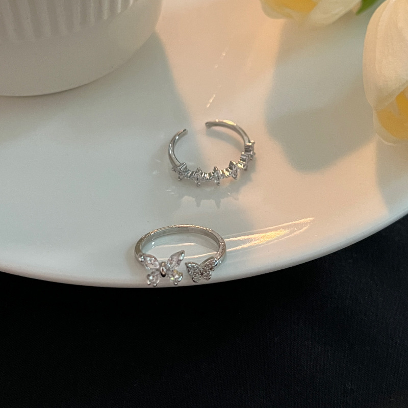 Double butterfly flower zircon open ring for women, adjustable, personalized and fashionable ring, niche design, high-end and cool Specification drawing