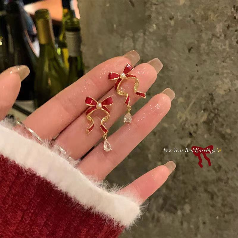 Autumn and winter New Year red bow ribbon earrings, zircon stud earrings for women, light luxury and high-end earrings wholesale Specification drawing