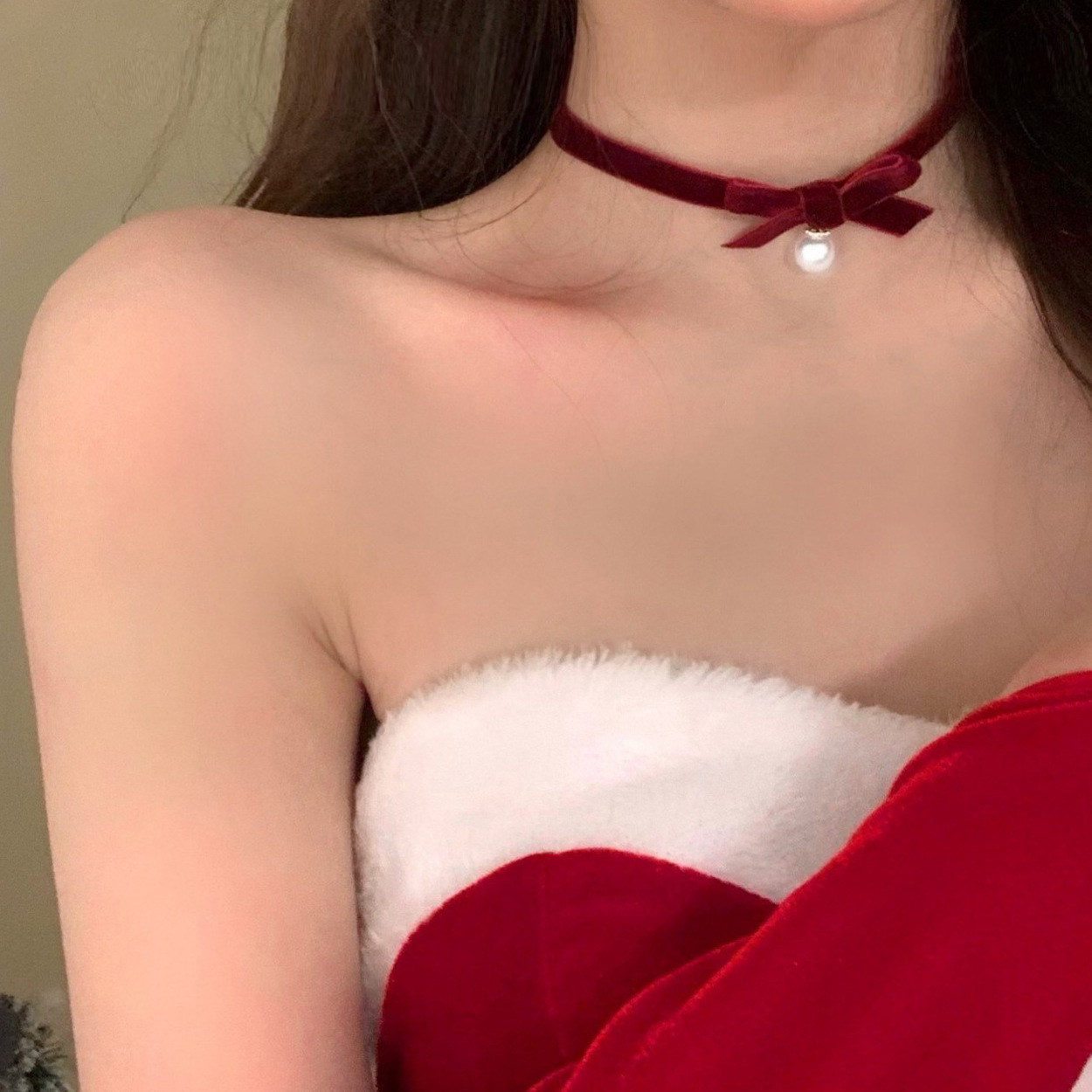 Christmas and New Year choker necklace, wine red ribbon, heart pearl, sweet and cute, 2023 new style jewelry details Picture