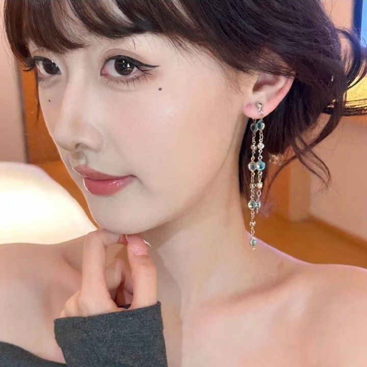 Spring and summer dual-wear Glacier blue crystal tassel stud earrings, long forest-themed, light luxury and versatile design earrings details Picture