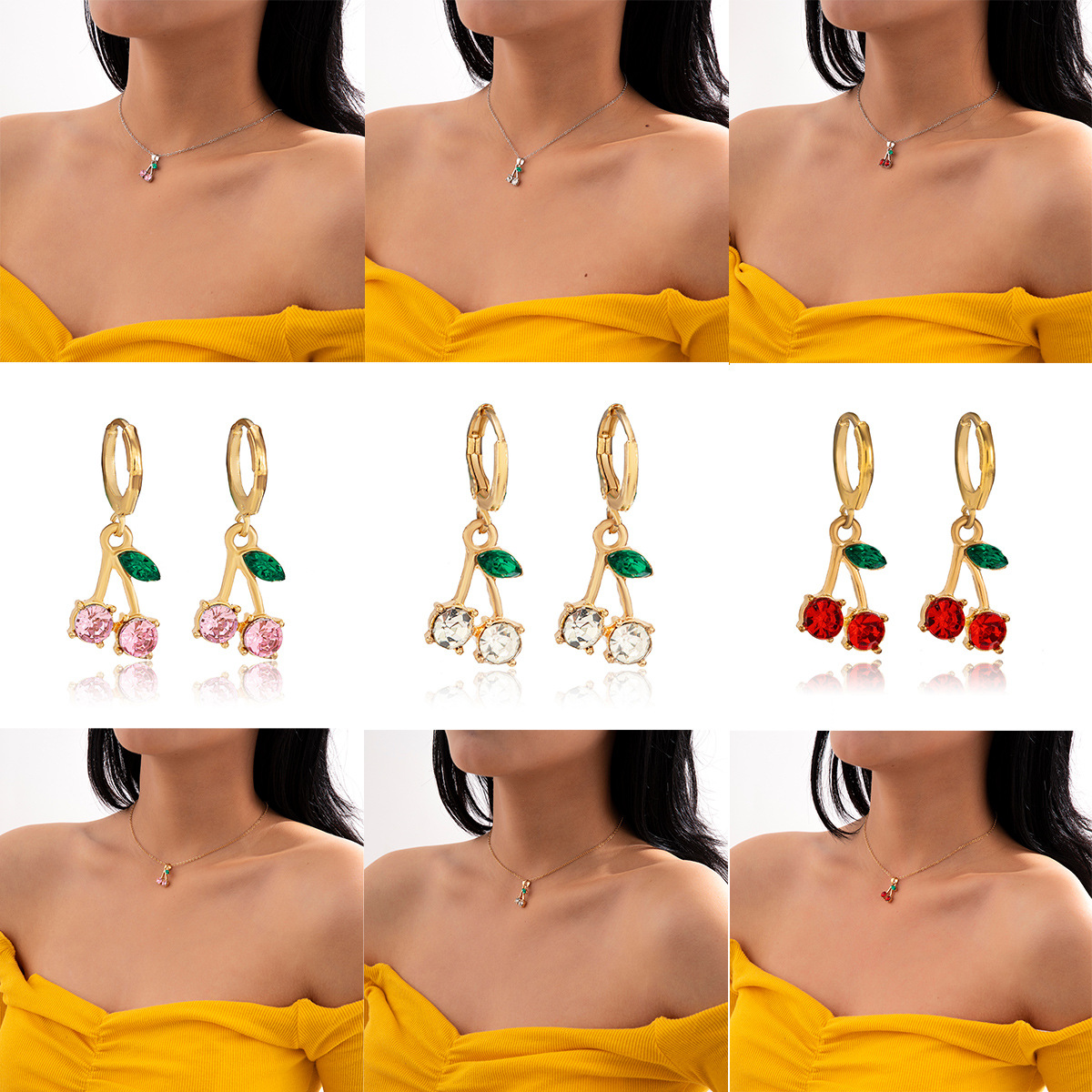 European and American cross-border jewelry, fashionable and versatile tassel cross chain necklace, women's simple style cherry necklace earrings full figure