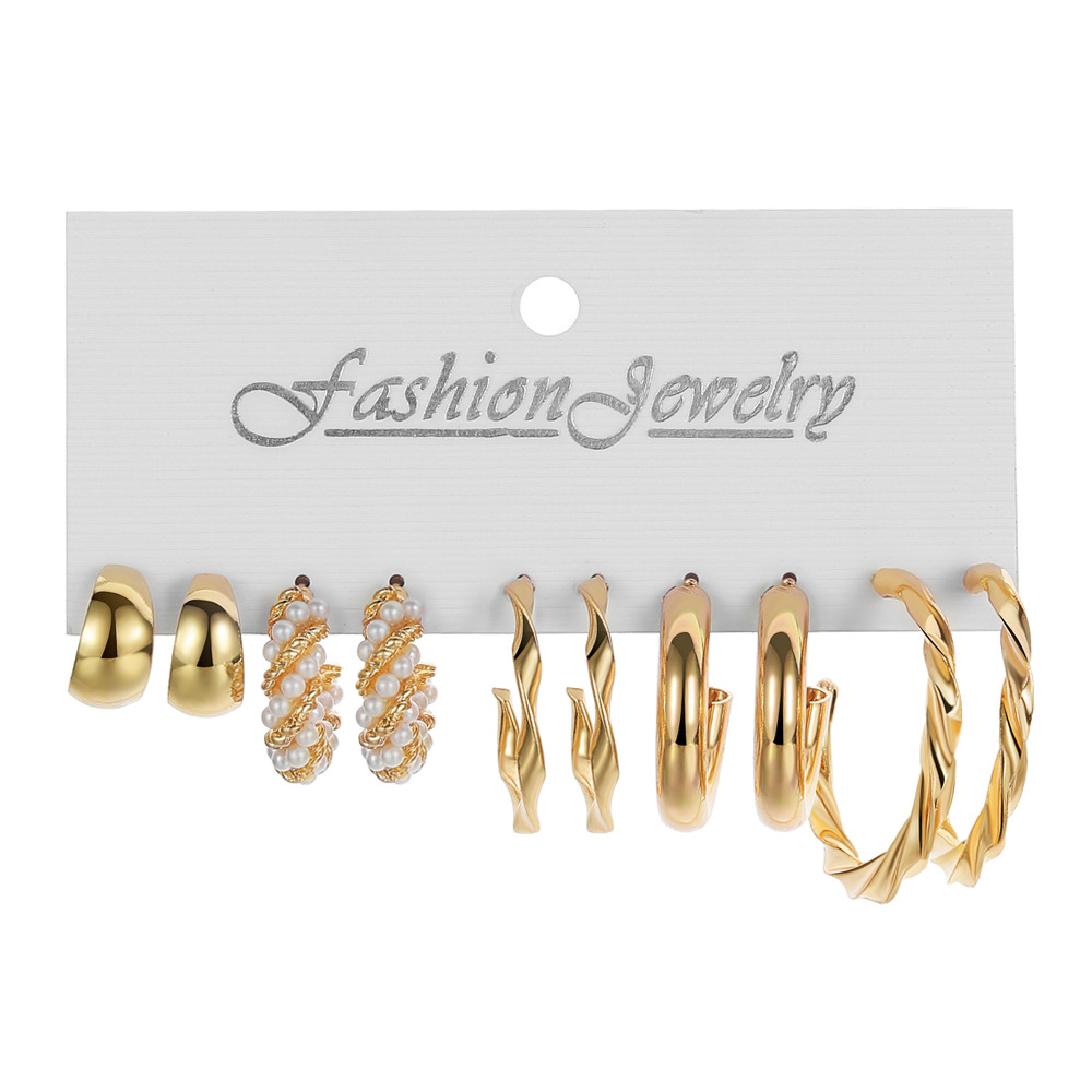 A 6-piece set of retro card-shaped earrings with metal circle chains from the Korean jewelry world, a fashionable pearl butterfly oil drop stud set Item Picture