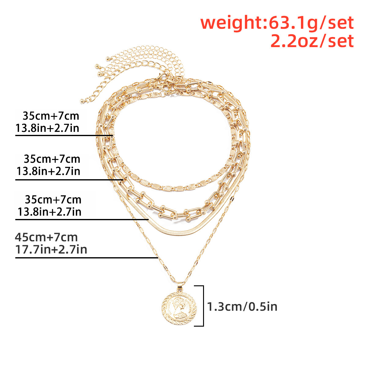 European and American cross-border jewelry, simple multi-layer snake bone U-shaped buckle chain necklace, women's retro circular pendant tassel necklace Item Picture