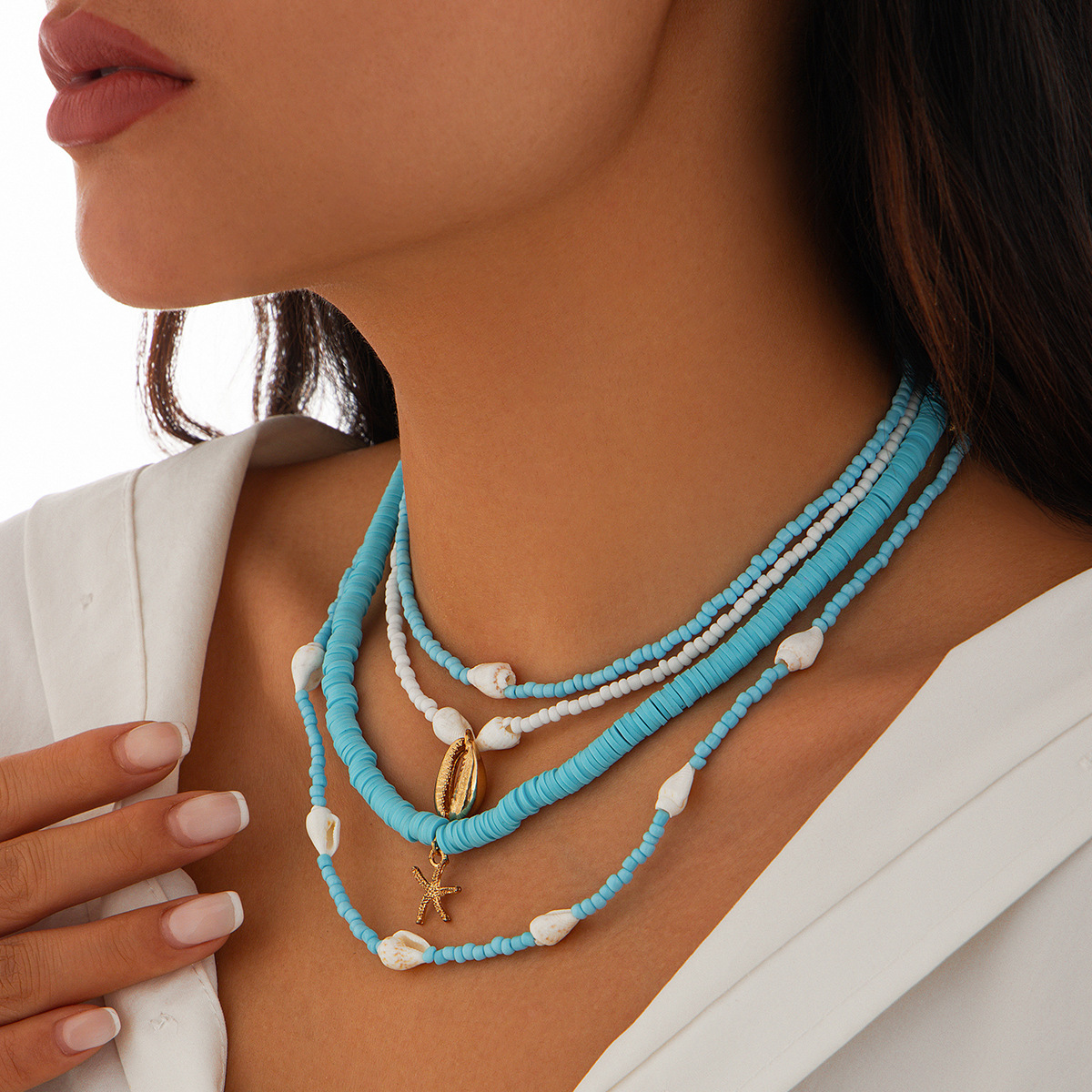 European and American cross-border jewelry, ins style beach shell pendant, multi-layer necklace, rice beads, soft clay beads, collarbone chain for women details Picture