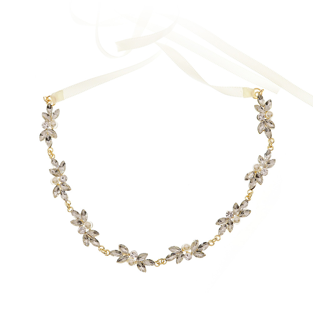 Japanese and Korean bride accessories: Pearl inlaid drill bit headwear, forest-themed crystal floral headwear, daily simple soft chain ribbon, hair band Item Picture