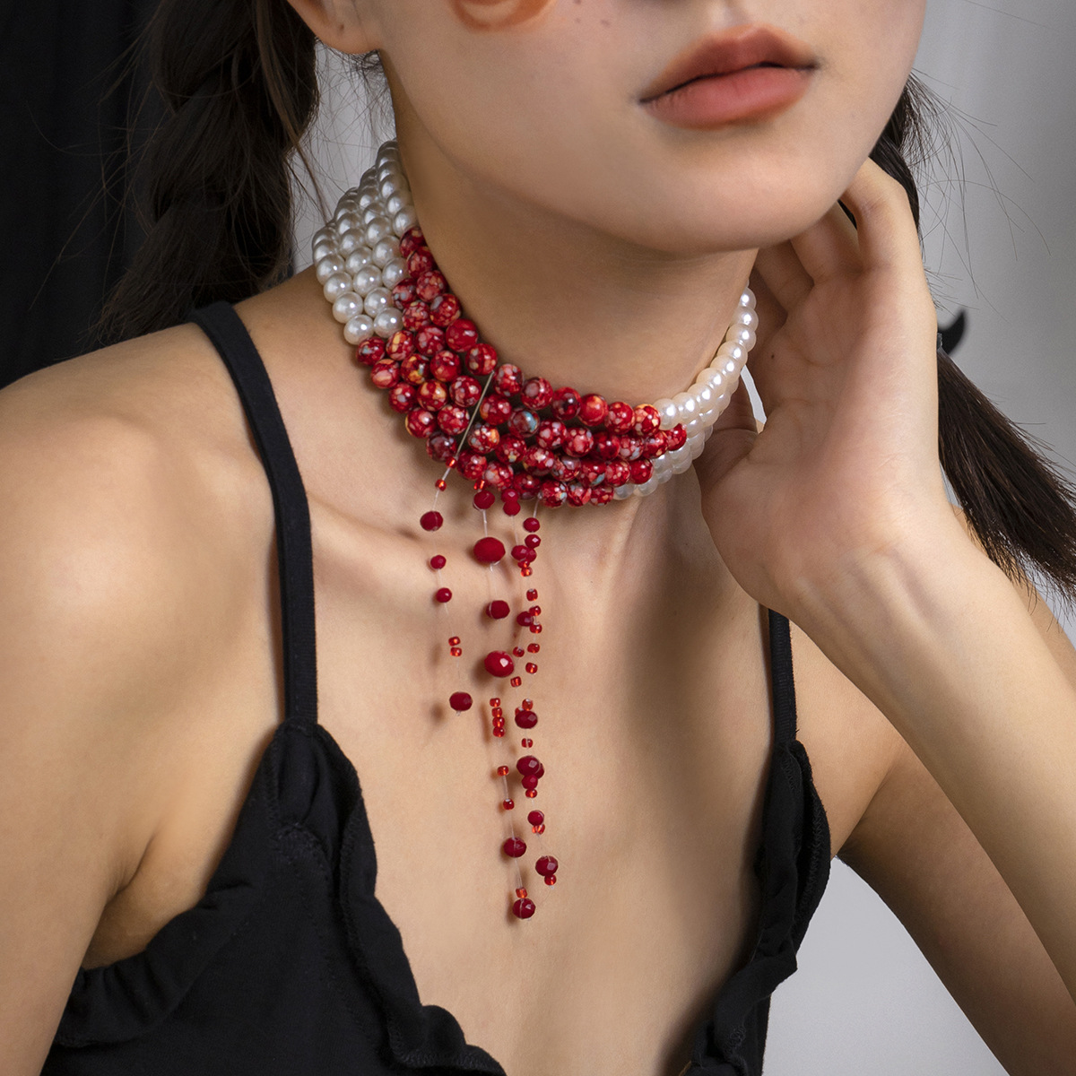 European and American cross-border accessories, sweet and cool Gothic blood-drop tassel collar necklace, Halloween personalized beaded choker full figure