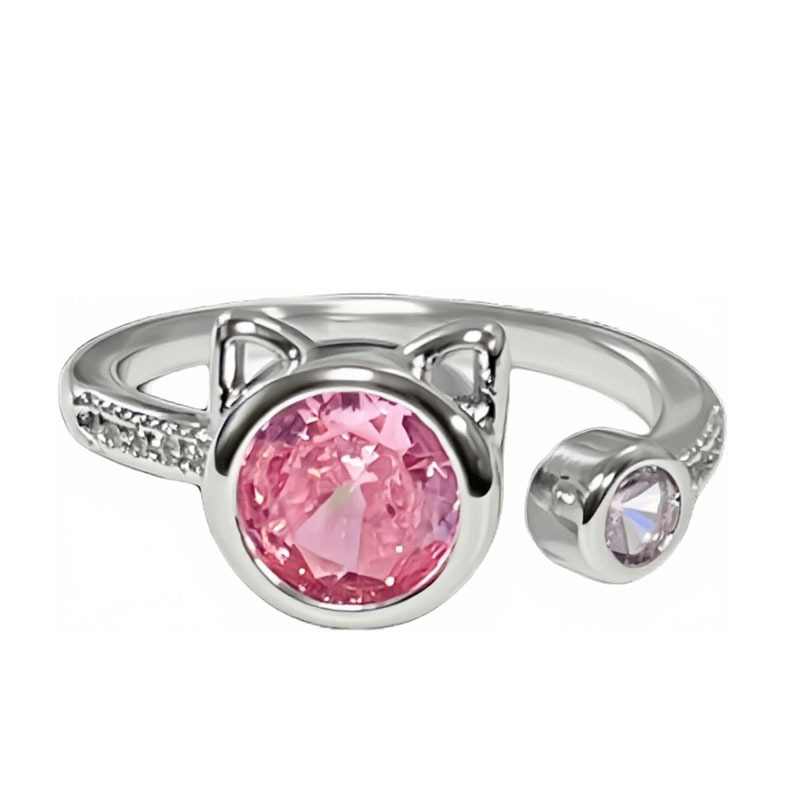 Korean version cute and sweet pink diamond kitten open ring, female student purple diamond star niche light luxury cold style ring Item Picture