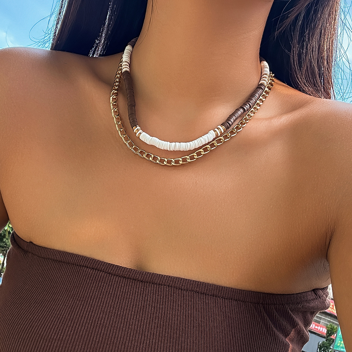 European and American cross-border accessories collarbone chain, simple ladies' vacation-style necklace, retro soft clay necklace necklace Specification drawing