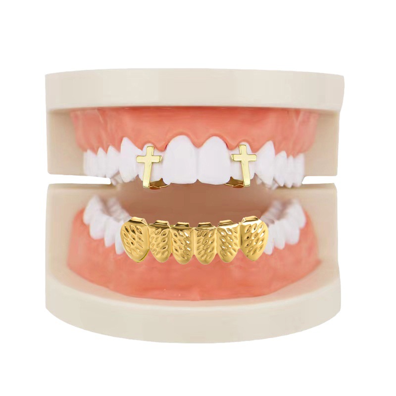 European and American hip-hop braces, hiphop glossy single cross hollowed-out set, wheat ear gold braces, party decoration teeth Item Picture