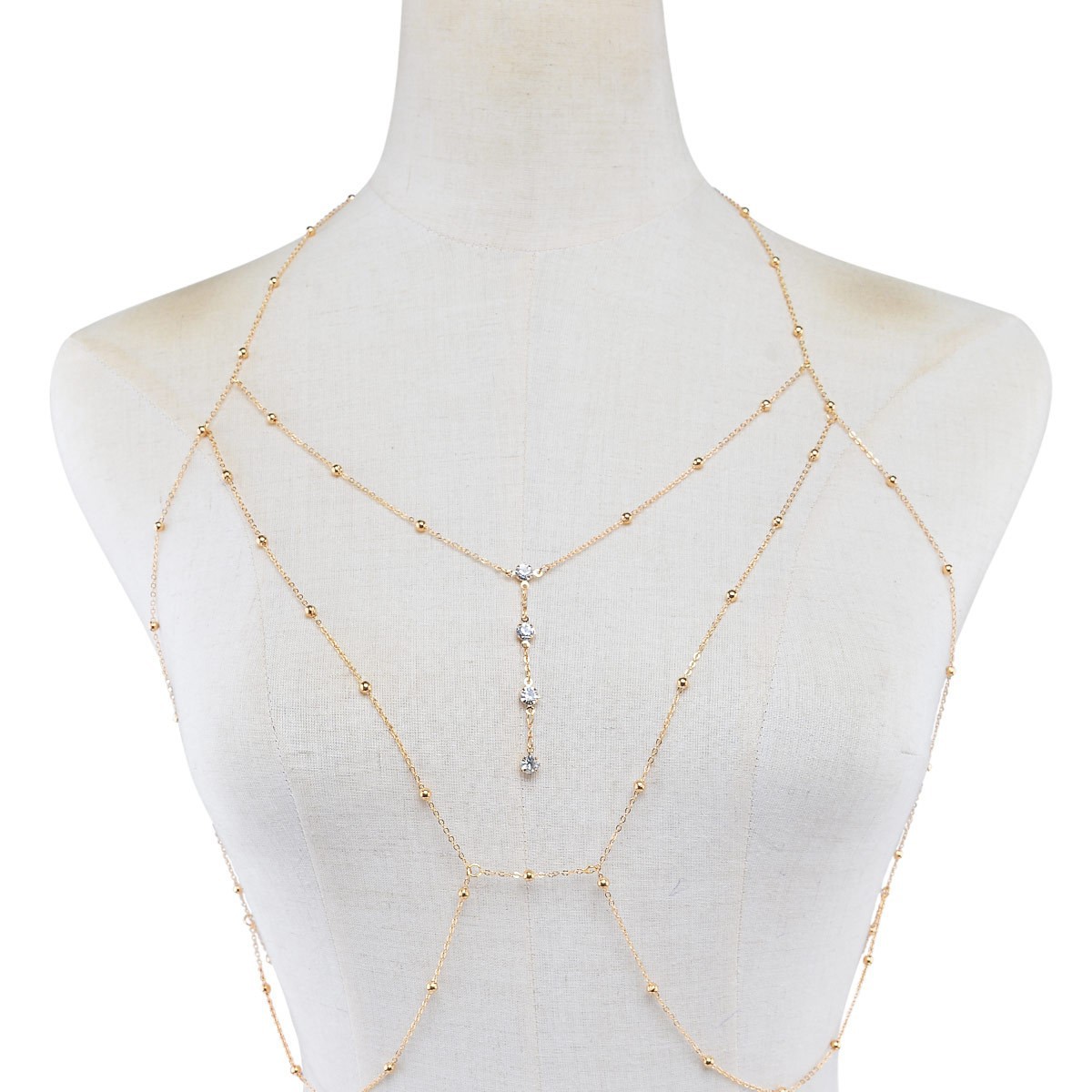 European and American sexy and exaggerated beach casual body clothing, chain, necklace, sparkling diamond pendant, tassel necklace, chest chain D0254 Application Scenario
