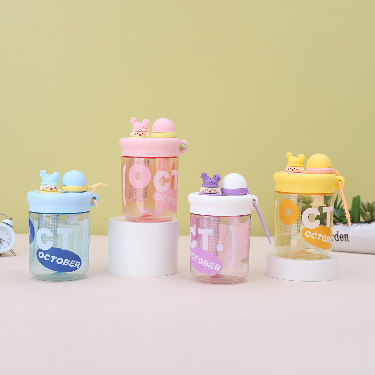 Double-drinking straw cup for girls, high appearance level, anti-drop and heat-resistant plastic cup, children and students, tea-water separation, flower tea cup full figure