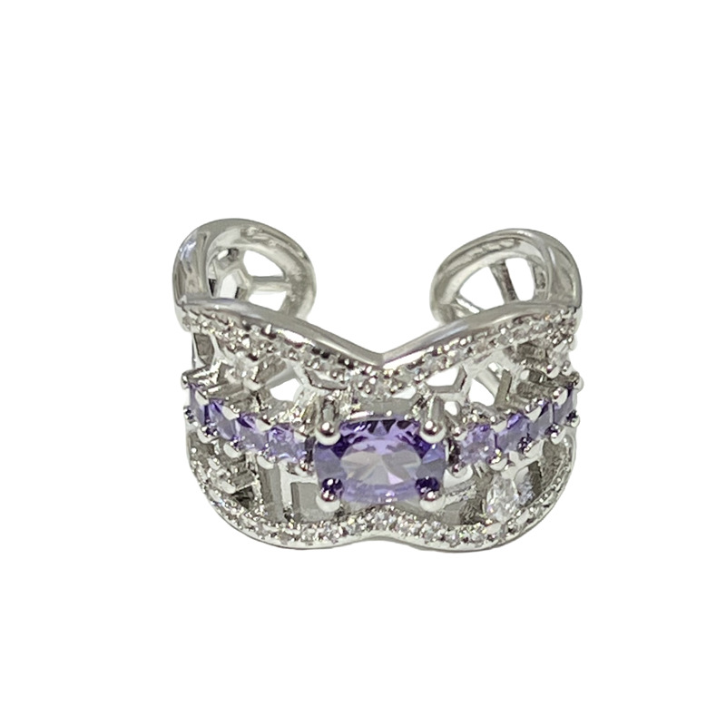 A light luxury purple diamond zircon sweet and cool flower open ring for women on Instagram, with a cold style and a niche high-end feel Item Picture